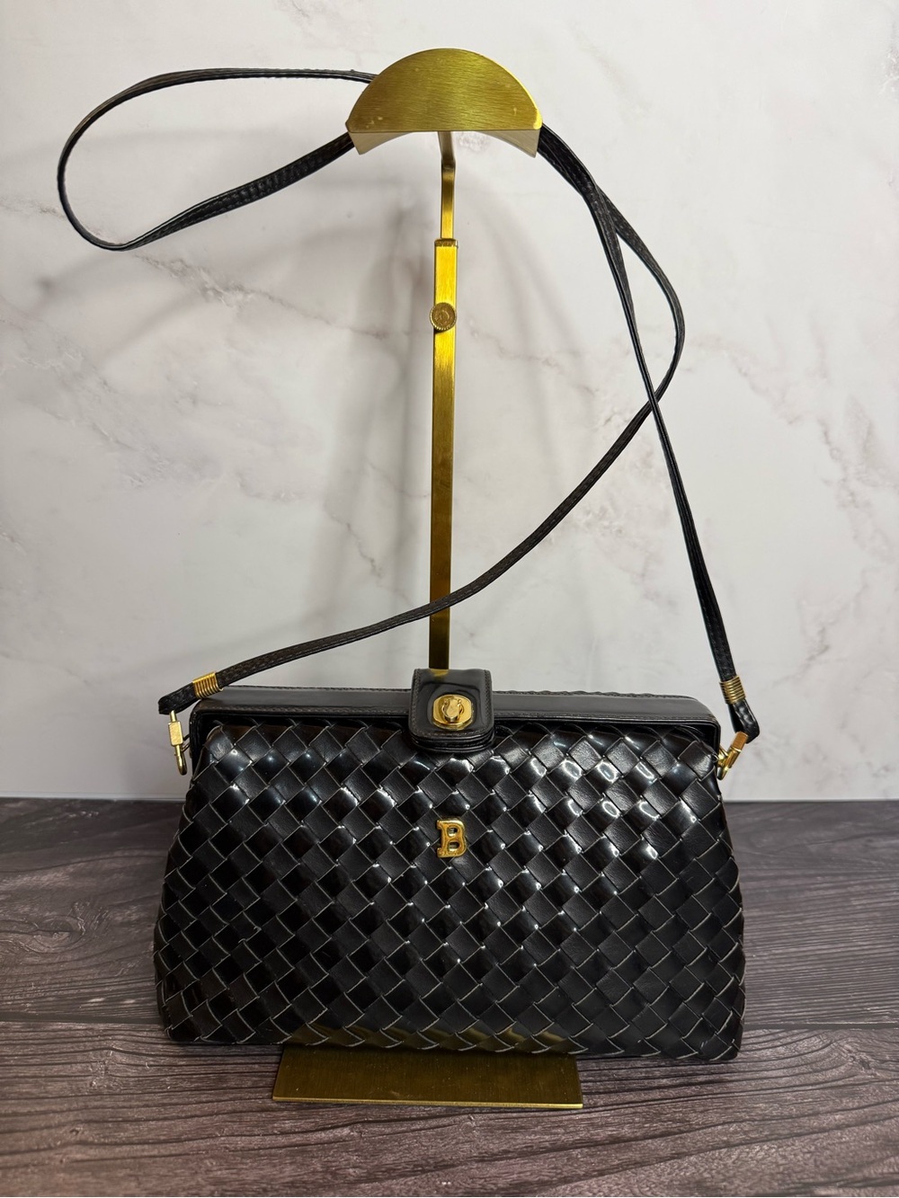 Vintage Bally Black Woven Leather Shoulder Bag Gold Hardware Made Italy